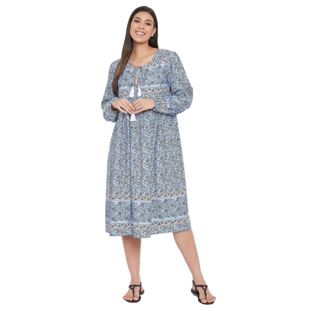 Floral Printed Sky Blue Poly Cotton Dress for Women by Gypsie Blu